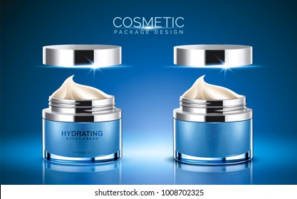 Cosmetic package design, blue color cream jar with cream texture in 3d illustration