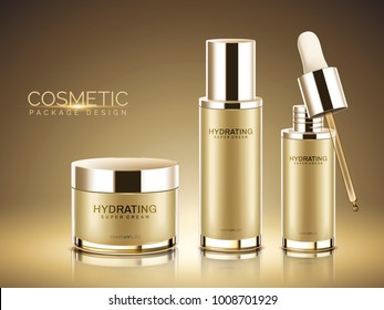 Cosmetic Package Design, Champagne Gold Color Containers With In 3d Illustration