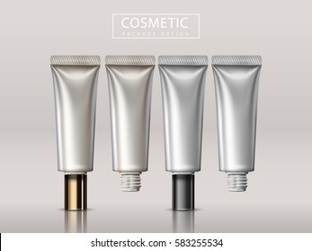 Cosmetic package design, four blank plastic tubes mock up without label in 3d illustration