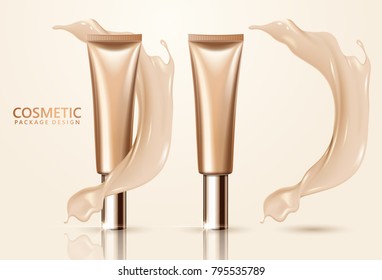 Cosmetic package design set, blank foundation tube mockup for design uses in complexion color tone, 3d illustration