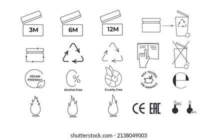 Cosmetic package icons set for recycle plastic product. Vector stock illustration isolated on white background. EPS10. Editable stroke.