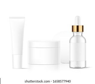 Cosmetic package mockup set. Vector illustration isolated on white background. Can be use for your design, advertising, promo and etc. EPS10.	