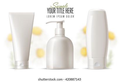 Cosmetic package mockup. Vector realistic bottle, tube and container sample with copy space for brand design collection. Oil, lotion, soap, shampoo, cream cosmetic package mockup illustration

