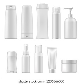 Kosmetische Packungsaufnahmen, 3D-Plastikflaschenbehältnisse. Vektorrealistisches Set von Shampoo- oder Gesichtscremiereiniger, Lotion und Flüssigseife, Deodorant-Stick und Spritzer, Dusche und Rasiergel, Konditioner