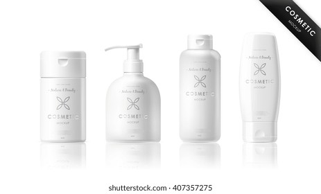 Cosmetic package. Realistic plastic cosmetic package collection set isolated on white background. Bottle, container with push dispenser, tube mockup vector illustration. Professional brand template
