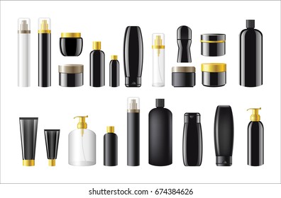 Cosmetic Package - realistic vector set of body care template objects. White background. Clip art elements for your design. Apply make up, perfume, soap, deodorant, toilet water, gel, shampoo, cream