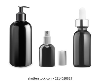 Cosmetic package set. Beauty product bottle pack design. Realistic spray bottle for perfume. Serum dropper black glass bottle, facial skin care. Liquid soap or shampoo dispenser bottle template