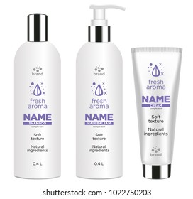 Cosmetic package template design, attractive packaging set with labels. Vector illustration.