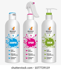 Cosmetic package template design, attractive packaging set with labels. Shampoo, sprey, balm. Vector illustration.