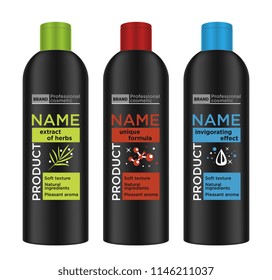 Cosmetic package template design, attractive packaging set with labels. Bottle shampoo, shower gel. Vector illustration.