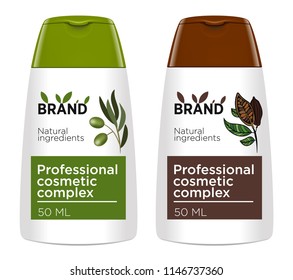 Cosmetic package template design, attractive packaging set with labels. Olive and cacao beans. Bottle shampoo, shower gel. Vector illustration.