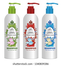 Cosmetic package template design, attractive packaging set with labels. Shampoo. Vector illustration.