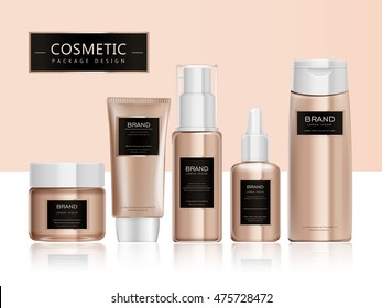 Cosmetic Package Template Design, Elegant Packaging Set With Labels. 3D Illustration.