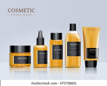 Cosmetic package template design, elegant packaging set with labels. 3D illustration.