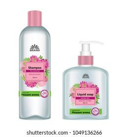 
Cosmetic package template design. Shampoo and liquid soap bottle body care product with floral label design. Vector illustration.