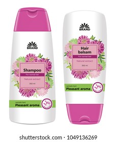 Cosmetic package template design. Shampoo and hair balsam bottle body care product with floral label design. Vector illustration.