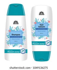 Cosmetic package template design. Shampoo and hair balsam bottle body care product with sea label design. Vector illustration.