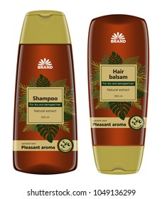 Cosmetic package template design. Shampoo and hair balsam bottle body care product with tropical label design. Vector illustration.