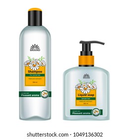 Cosmetic package template design. Shampoo and liquid soap bottle body care product with chamomile label design. Vector illustration.