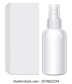 Cosmetic package template design. Spray bottle and carton box for design. Vector illustration.