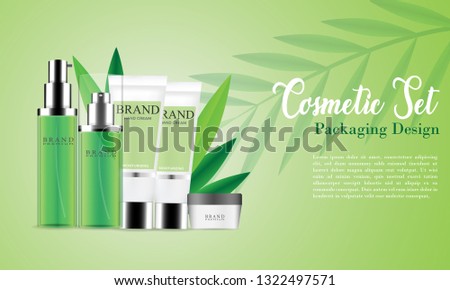 cosmetic package template, mockup template design with green container, green spray bottles with palm leaves elements in 3d illustration