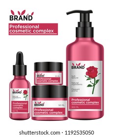 Cosmetic package template rose design, attractive packaging set with labels. Packaging isolated on white. Vector illustration.