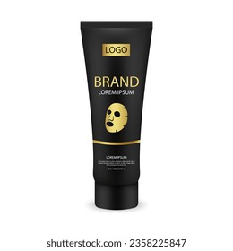 Cosmetic package vector advertising design template of facial charcoal anti blackhead mask. Premium skincare product of luxury black tube on golden design. Vector illustration