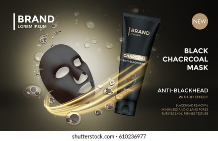 Cosmetic package vector advertising design template of facial charcoal anti blackhead mask. Premium skincare product of luxury black tube on golden sparkling background