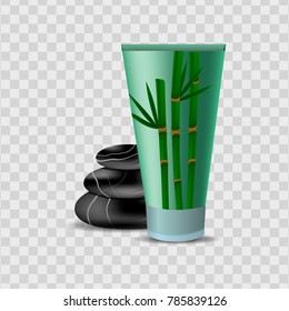Cosmetic package vector design. Body lotion, moisturizing cream, gel with bamboo extract. Vector illustration with isolated stones and tube