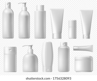 Cosmetic Package. White Shampoo Bottle, Cream Tube And Body Lotion Packaging Template. Bathroom Cosmetic Platic Pack Mock Up Isolated On Transparent Background.