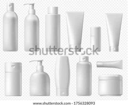 Cosmetic package. White shampoo bottle, cream tube and body lotion packaging template. Bathroom cosmetic platic pack mock up isolated on transparent background.