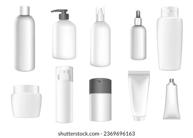 Paquetes cosméticos mega set en diseño 3d realista. Elementos combinados de recipientes blancos con espacios de texto vacíos de botella de champú, tubo crema, loción, otros. Ilustración vectorial de objetos gráficos aislados