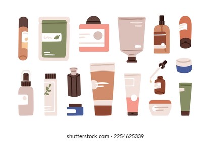 Cosmetic packages, tubes, jars, bottles set. Beauty product containers. Bathroom packs with cream, lotion, spray, serum dropper, essences. Flat graphic vector illustration isolated on white background