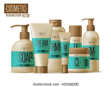 Cosmetic packaging. Body, facial, hand, eye skin, hair health care professional series cosmetic brand Illustration. Cream, lotion, shampoo, gel, balsam, conditioner, soap realistic vector bottle set 
