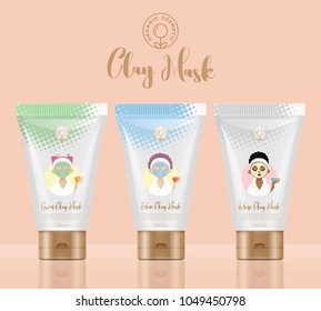 Cosmetic packaging concept. Three tubes with different prints. Logo and cute girls illustration. Clay packaging.