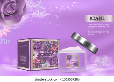 Cosmetic packaging design with advertising background ready to use, luxury skin care ad, vector illustration.