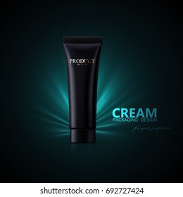 Cosmetic packaging design. Black cream tube with shining light rays. 3d realistic vector illustration. Cosmetics mockup for branding. Beauty makeup product. Advertising poster