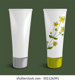 Cosmetic packaging design with herbal plant, vector mock up, plastic tube template, eps10 