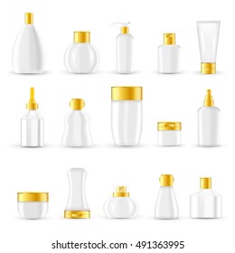 Cosmetic packaging design set with white glass or plastic containers and golden lids isolated vector illustration