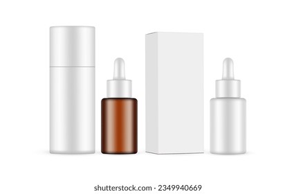 Cosmetic Packaging Dropper Bottles With Box and Paper Tube, Isolated on White Background. Vector Illustration