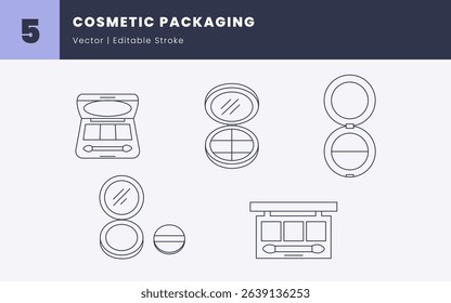 Cosmetic Packaging Icons - Editable Line Art Vector | Beauty Product Packaging for Face Makeup Design Needs | Compact Powder, Blush, and Eyeshadow Palette Outline Icons