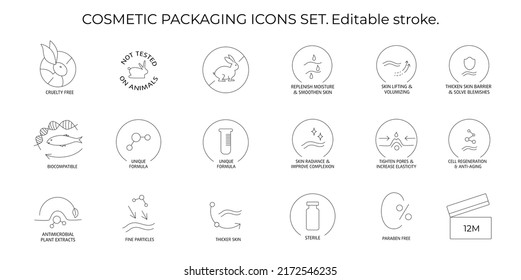 Cosmetic packaging icons set. Editable stroke. Vector stock illustration isolated on white background for beauty and skin care product - face cream, lotion, shampoo. EPS10 