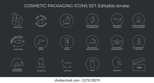 Cosmetic packaging icons set. Editable stroke. Vector stock illustration isolated on black chalkboard background for beauty and skin care product - face cream, lotion, shampoo. EPS10 