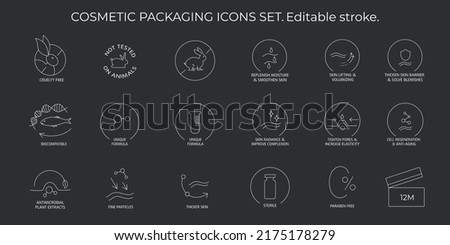 Cosmetic packaging icons set. Editable stroke. Vector stock illustration isolated on black chalkboard background for beauty and skin care product - face cream, lotion, shampoo. EPS10 