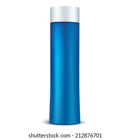 Cosmetic packaging. Isolated on a white background. Blue bottle with white cap. Packaging for cream, lotion, shampoo, conditioner, perfume, deodorant.