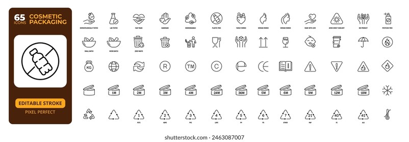 Cosmetic Packaging Line Icon Set. Fair-trade, small batch, Family owned, Editable Stroke.