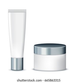 Cosmetic packaging with metal cover. Cosmetic package for cream.  Vector template for design.