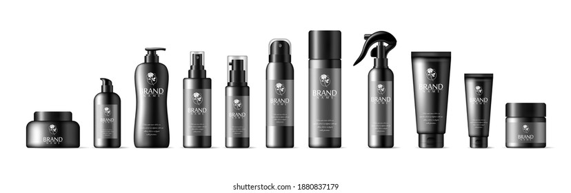 Cosmetic packaging mock up: jar, dropper, bottle with press pump, small and high bottles. 3d illustration of various cosmetic container