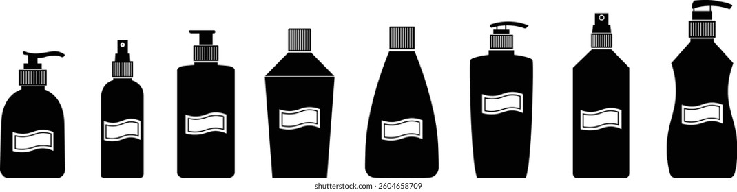 Cosmetic packaging mockup icon set. Silhouettes cosmetic products template black flat and line vector collection isolated on transparent background. Symbol for beauty product sign web and app.