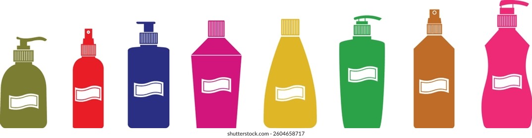 Cosmetic packaging mockup icon set. Silhouettes cosmetic products template flat and line vector collection isolated on transparent background. Symbol for beauty product sign web and app.
